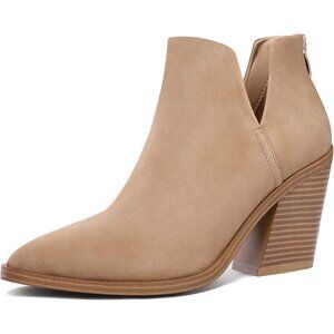 Mysoft Women's Light Brown Pu Chunky Mid Heel Slip on Toe Stacked Ankle Boots